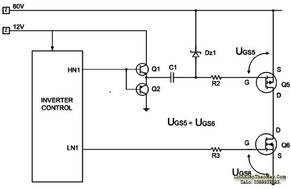 Hình 6 - Chức năng của cặp C1 và Dz1 là tạo ra điện áp phân cực cho đèn Q5 (Mosfet thuận) có điện áp UGS  tương đương với UGS của đèn Q6.