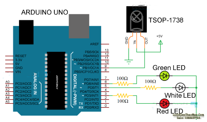 Sơ đồ mạch của giao diện bộ thu IR Arduino
