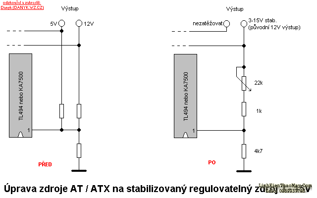 Sơ đồ sửa đổi nguồn PC AT hoặc ATX thành nguồn có thể điều chỉnh 3-15V ổn định